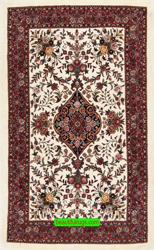 Handmade Persian Bijar floral wool rug with beige and mauve colors. Size 3.1x5.6.