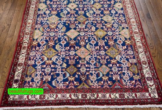 Handmade Persian Afshar wool rug in blue color for front door. Size 3.8x5.3.