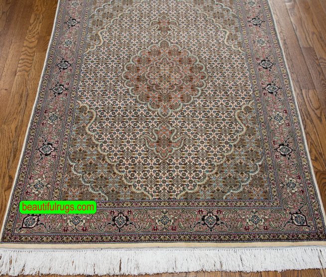 Handwoven Persian Tabriz wool and silk rug with beige and green. Size 3.5x5.5.