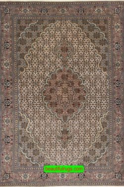 Handwoven Persian Tabriz wool and silk rug with beige and green. Size 3.5x5.5.