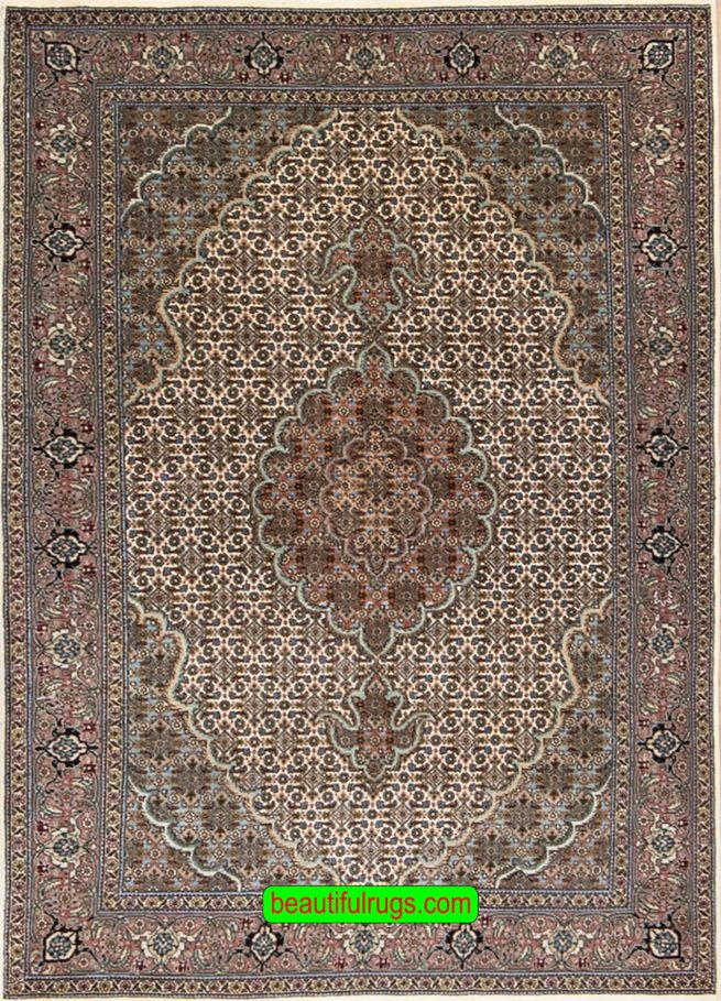 Handwoven Persian Tabriz wool and silk rug with beige and green. Size 3.5x5.5.