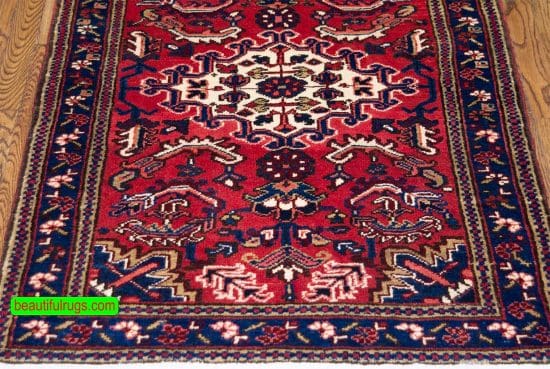 Small rug, handmade Persian Heriz wool rug, geometric style with red and navy-blue colors. Size 3.1x4.5.