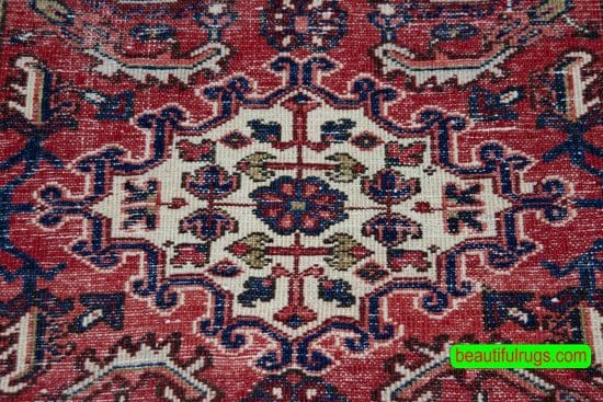 Small rug, handmade Persian Heriz wool rug, geometric style with red and navy-blue colors. Size 3.1x4.5.