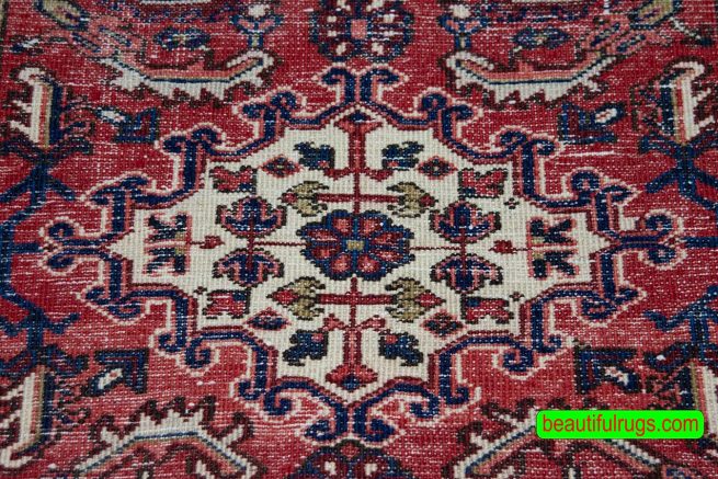 Small rug, handmade Persian Heriz wool rug, geometric style with red and navy-blue colors. Size 3.1x4.5.
