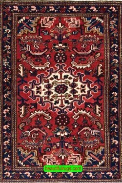 Small rug, handmade Persian Heriz wool rug, geometric style with red and navy-blue colors. Size 3.1x4.5.