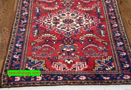 Handmade Persian Heriz wool rug, geometric style rug in red color. Size 3.1x4.7.