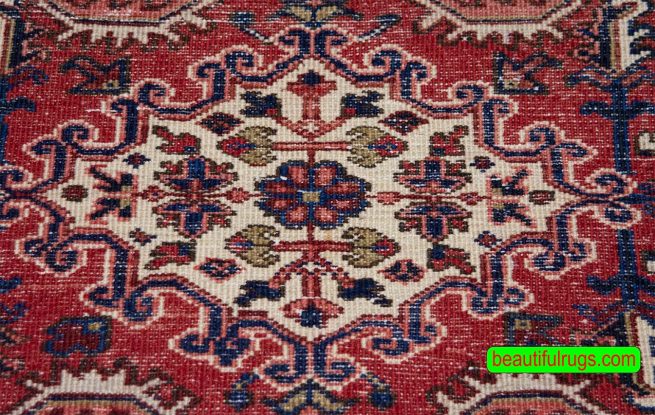 Handmade Persian Heriz wool rug, geometric style rug in red color. Size 3.1x4.7.