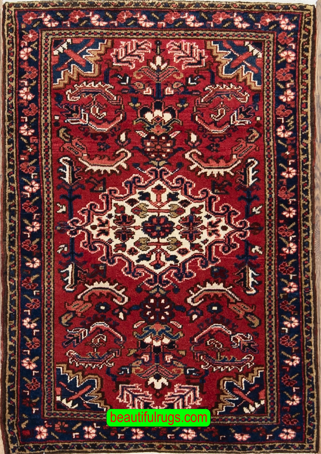 Handmade Persian Heriz wool rug, geometric style rug in red color. Size 3.1x4.7.