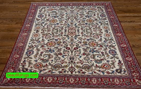 Floral rug, handmade Persian Abadeh wool rug with beige and red colors. Size 5.2x7.