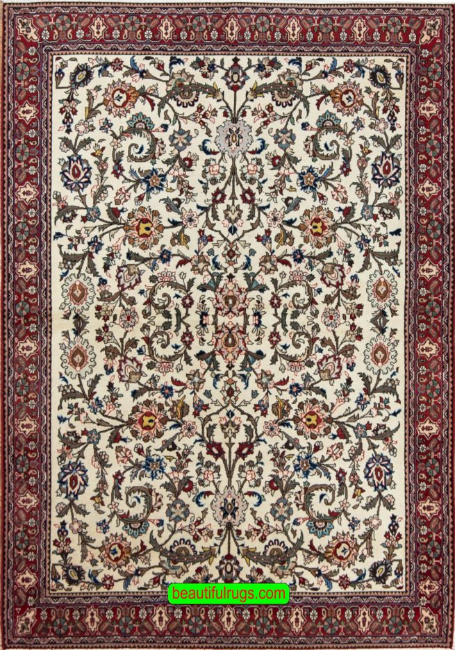 Floral rug, handmade Persian Abadeh wool rug with beige and red colors. Size 5.2x7.
