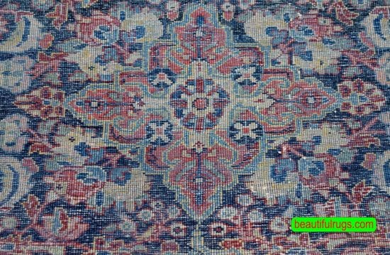 Vintage Persian Mahal wool rug with blue and red colors, floral design. Size 4.5x6.9.