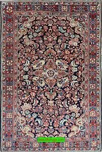 Vintage Persian Mahal wool rug with blue and red colors, floral design. Size 4.5x6.9.