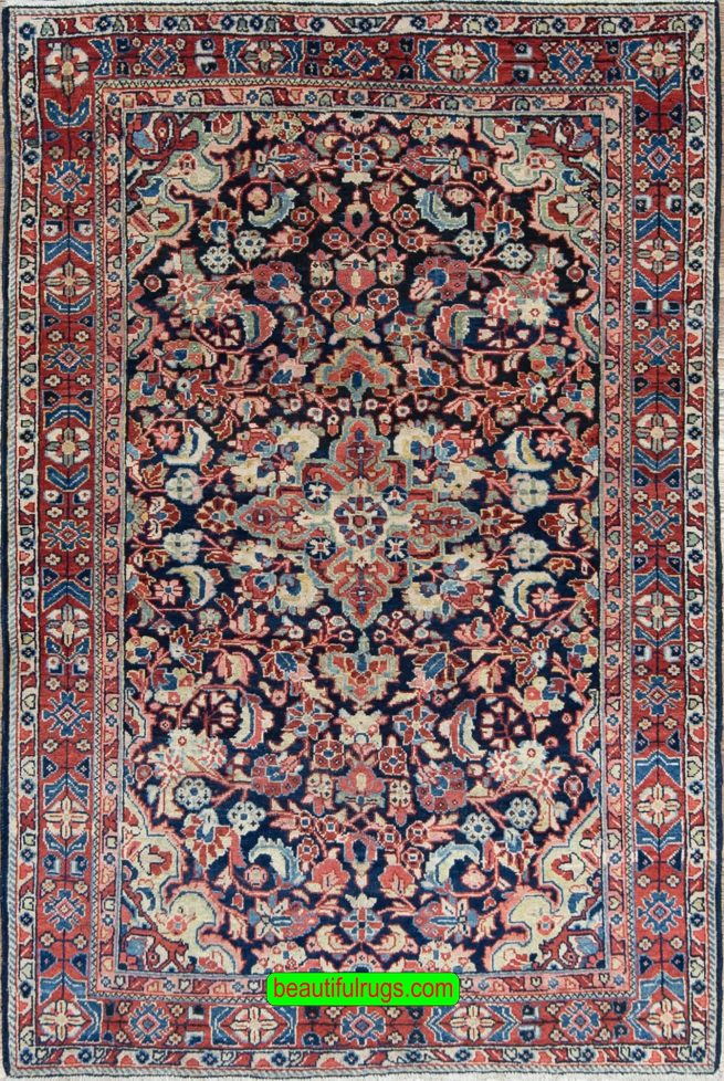 Vintage Persian Mahal wool rug with blue and red colors, floral design. Size 4.5x6.9.