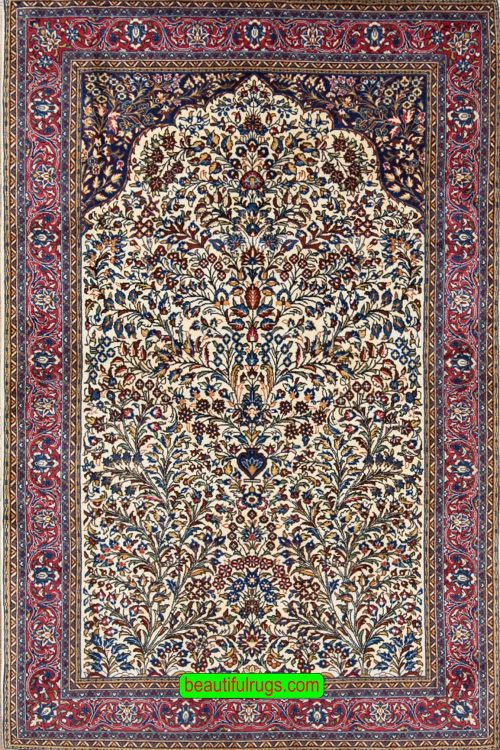 Prayer rug, hand knotted Persian Sarouk wool rug with beige and colors, tree of life motif. Size 4.3x6.10.