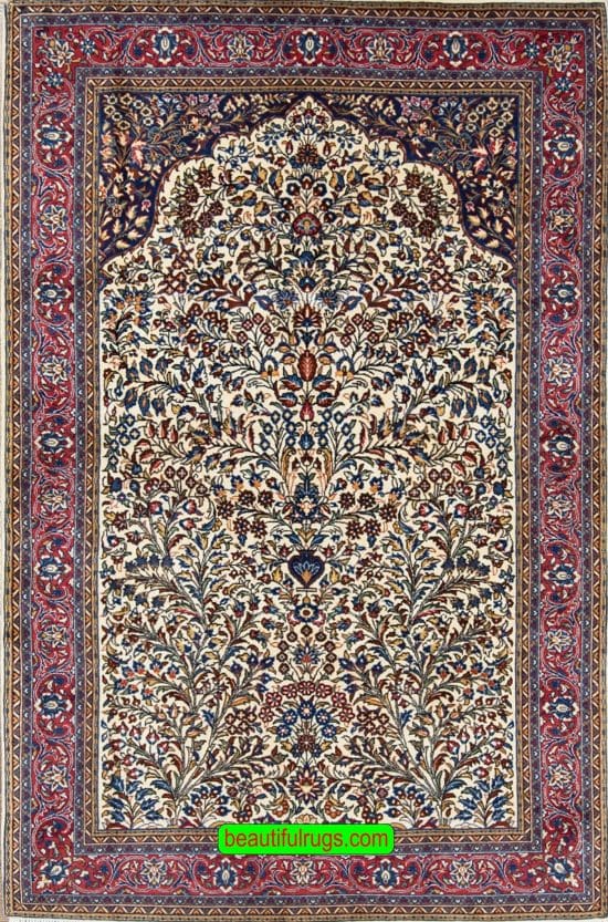 Prayer rug, hand knotted Persian Sarouk wool rug with beige and colors, tree of life motif. Size 4.3x6.10.