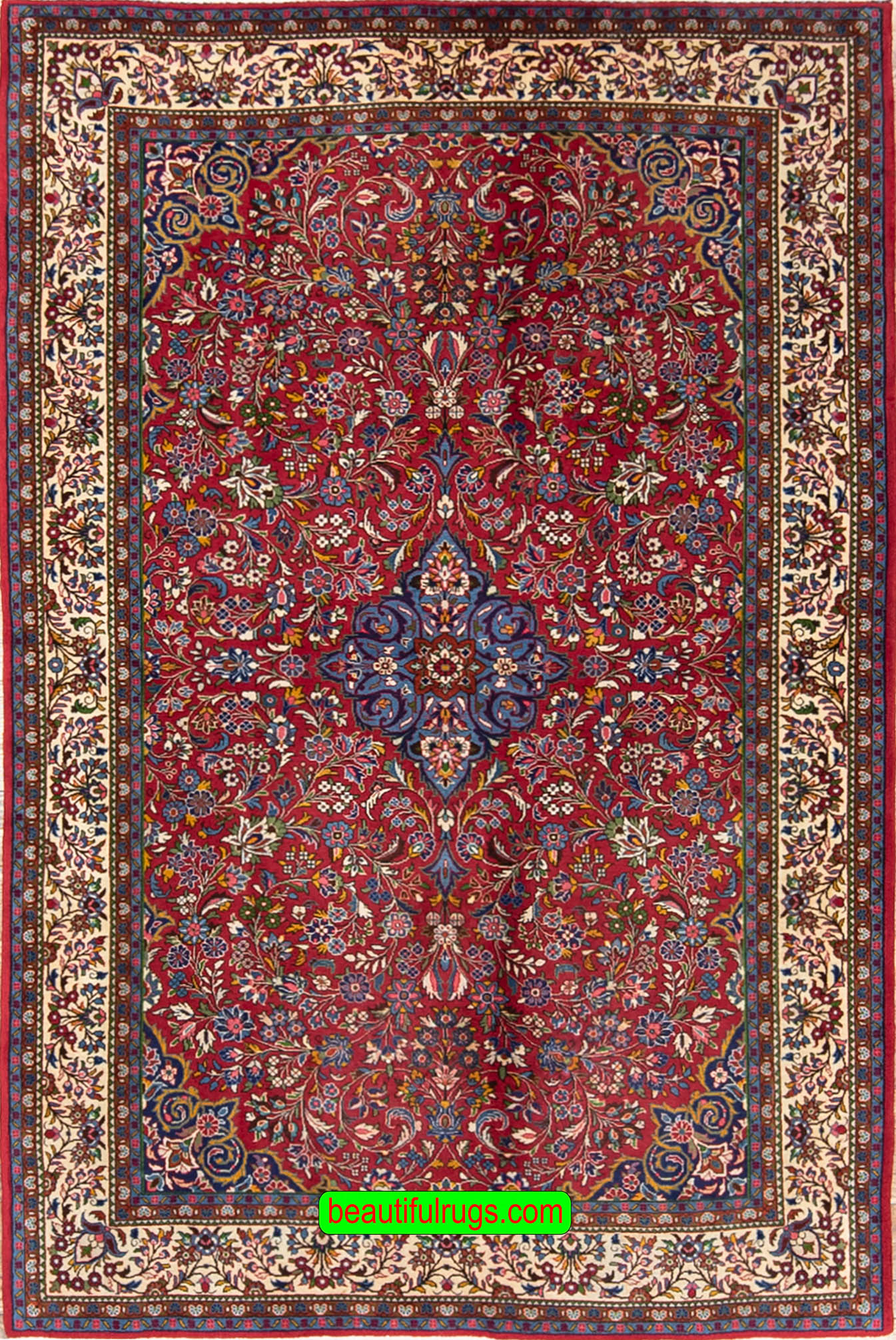 Handmade floral Persian Sarouk wool rug in red and beige colors. Size 4.3x6.9.