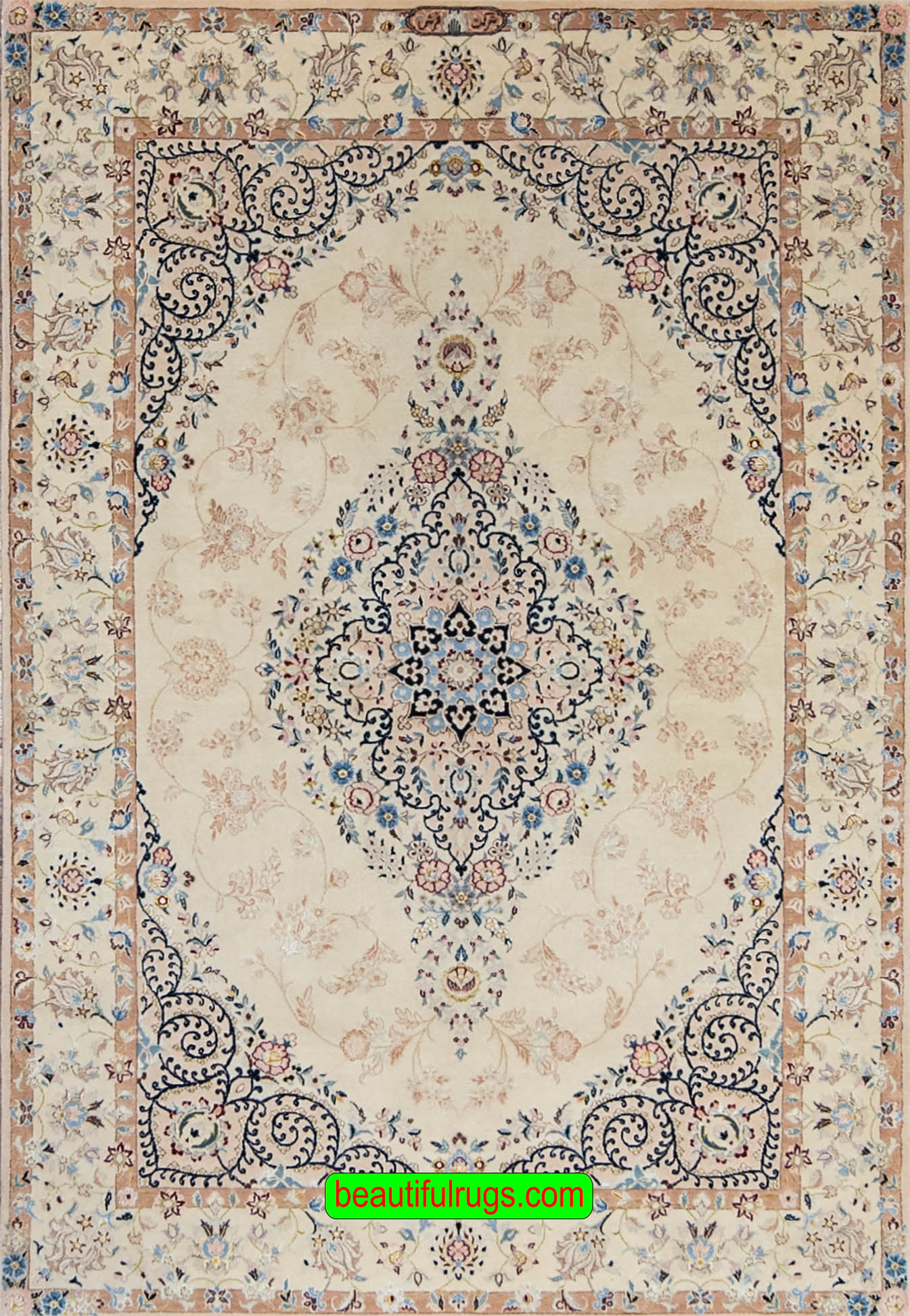 Handmade Persian Nain beige rug, wool, and silk Persian rug with medallion. Size 4.4x6.5.
