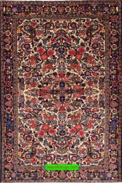 Handmade Persian colorful rug, wool Persian Borchalo rugs in beige background color. Size 4.8x7.