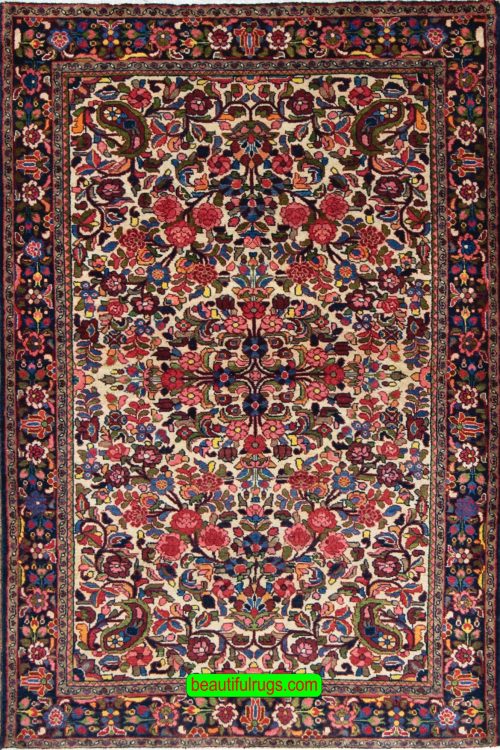Handmade Persian colorful rug, wool Persian Borchalo rugs in beige background color. Size 4.8x7.