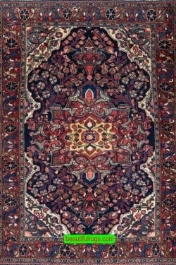 Handmade Persian tribal Borchalo rug in navy blue color and geometric floral style. Size 5.1x6.8.