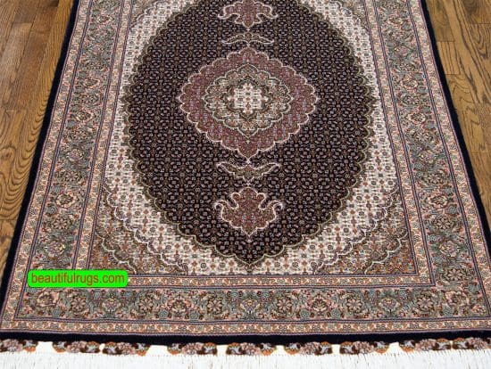 A beloved design, handmade Persian Tabriz wool and silk rug in black and green colors. Size 3.6x5.