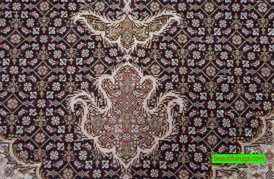 A beloved design, handmade Persian Tabriz wool and silk rug in black and green colors. Size 3.6x5.