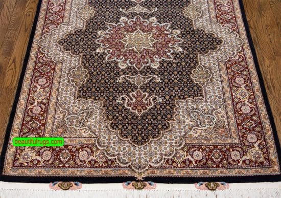 Handmade Persian Tabriz accent rug made of wool and silk with black and mahogany colors. Size 3.6x5.