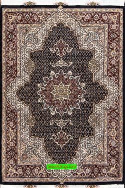 Handmade Persian Tabriz accent rug made of wool and silk with black and mahogany colors. Size 3.6x5.