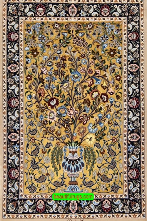 Handmade Persian kork wool and silk rug with gold color, tree of life and vase. Size 2.8x4.