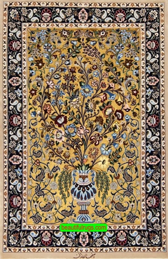 Handmade Persian kork wool and silk rug with gold color, tree of life and vase. Size 2.8x4.