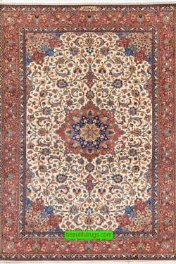 Handmade floral Persian Sarouk wool area rug with beige and red colors. Size 6.9x10.