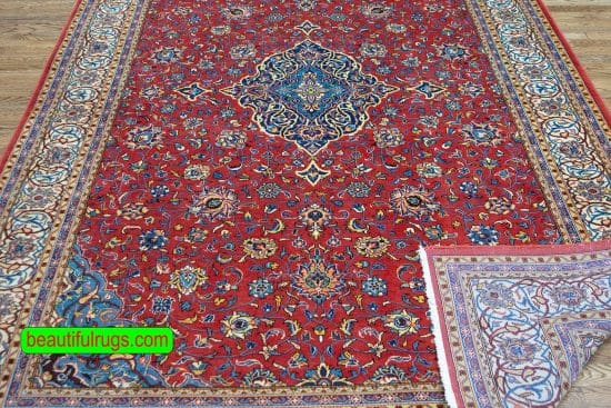 Handmade Persian Kashan dining room area rugs, floral design with rustic red and beige colors. Size 6.8x10.