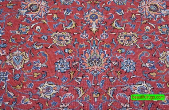 Handmade Persian Kashan dining room area rugs, floral design with rustic red and beige colors. Size 6.8x10.