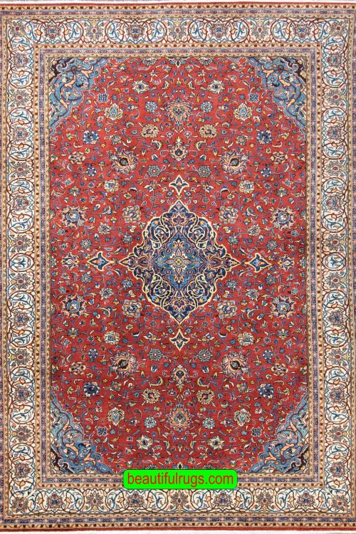 Handmade Persian Kashan dining room area rugs, floral design with rustic red and beige colors. Size 6.8x10.