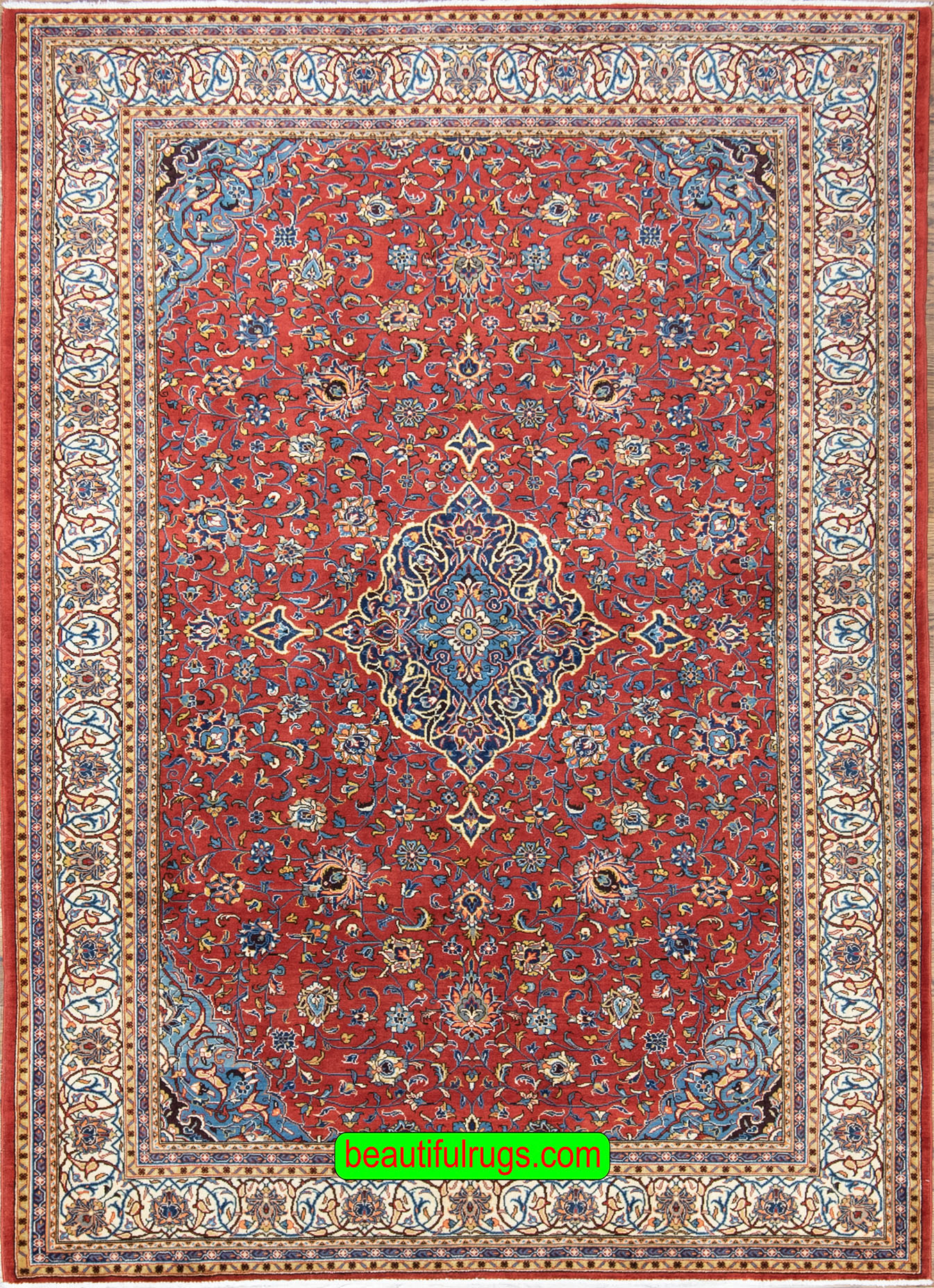Handmade Persian Kashan dining room area rugs, floral design with rustic red and beige colors. Size 6.8x10.