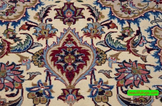 Hand knotted floral Iranian Mashad wool carpet in beige and merlot red color. Size 6.8x9.4.