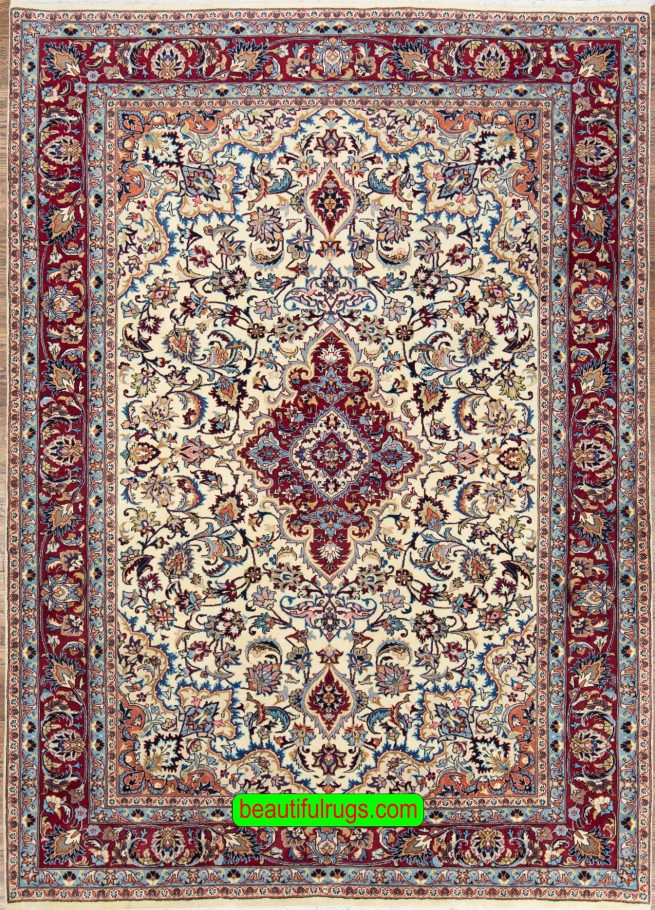 Hand knotted floral Iranian Mashad wool carpet in beige and merlot red color. Size 6.8x9.4.