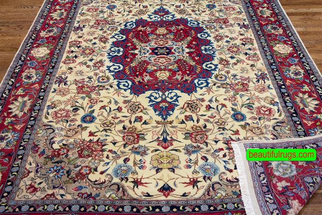 Hand knotted wool area rug, vintage Persian Mashad area rug with beige and red colors. Size 6.6x9.9.