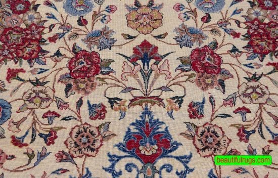 Hand knotted wool area rug, vintage Persian Mashad area rug with beige and red colors. Size 6.6x9.9.