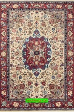 Hand knotted wool area rug, vintage Persian Mashad area rug with beige and red colors. Size 6.6x9.9.