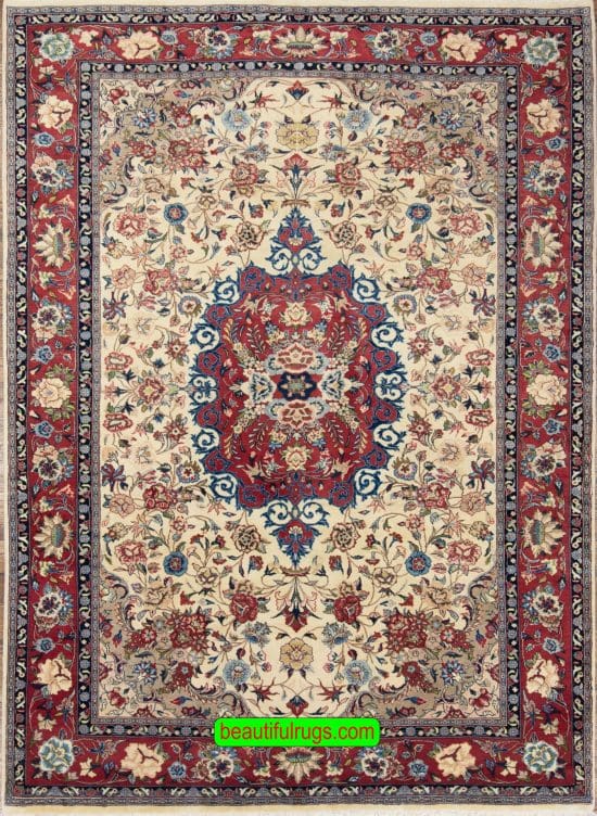 Hand knotted wool area rug, vintage Persian Mashad area rug with beige and red colors. Size 6.6x9.9.