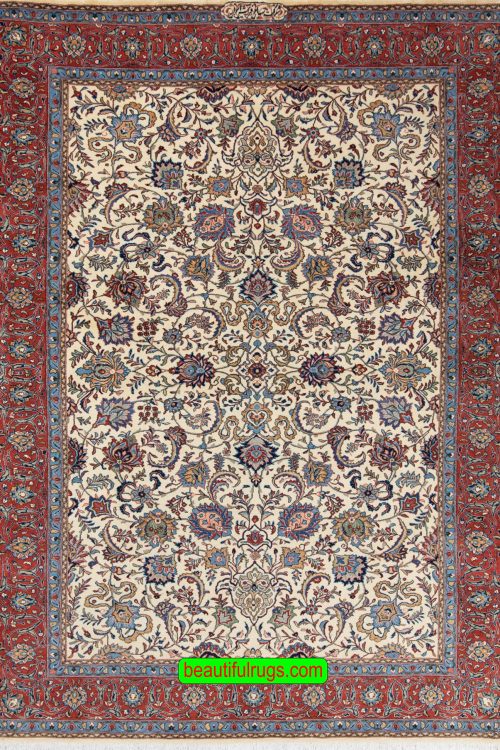 Handmade Persian Sarouk wool rug in beige and rustic red, floral and all-over design. Size 6.8x10.