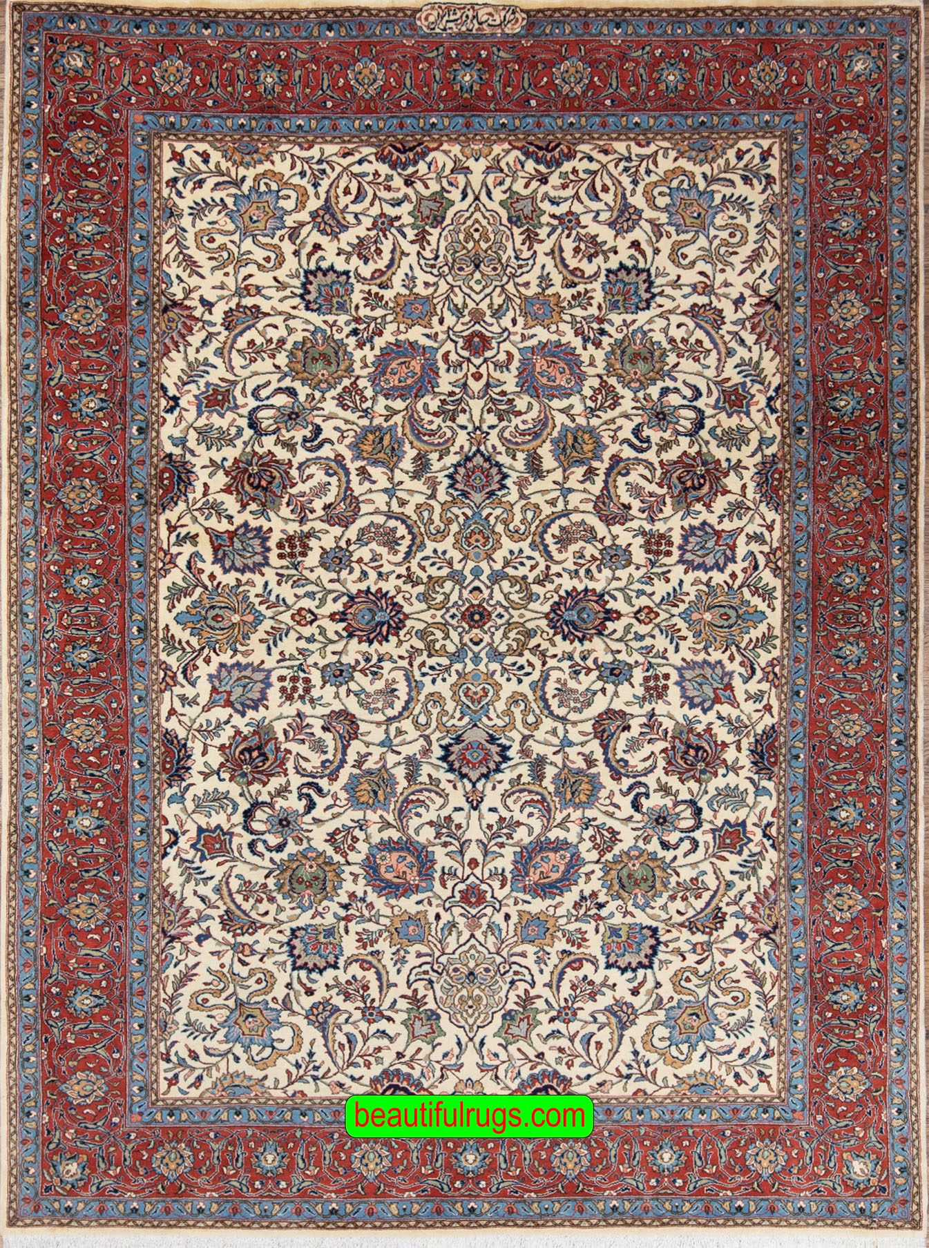 Handmade Persian Sarouk wool rug in beige and rustic red, floral and all-over design. Size 6.8x10.