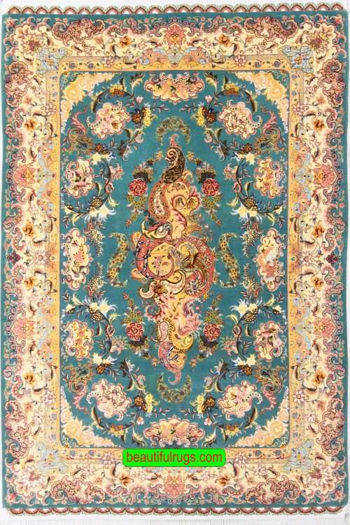 Handmade Persian Tabriz rug, unique floral design with teal green and rose colors. Size 5.2x7.4.