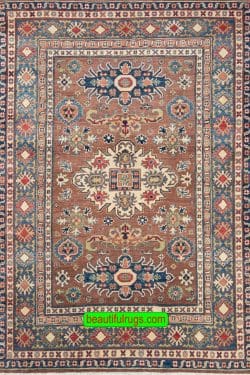 Handmade Pakistani oriental rug with Caucasian Kazak design in brown color. Size 4x6.10.