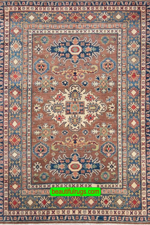Handmade Pakistani oriental rug with Caucasian Kazak design in brown color. Size 4x6.10.