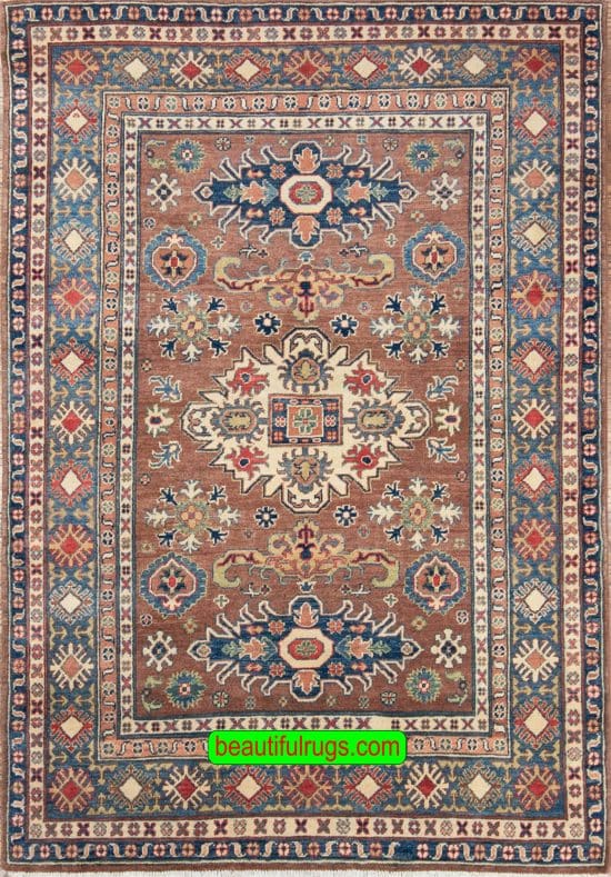 Handmade Pakistani oriental rug with Caucasian Kazak design in brown color. Size 4x6.10.