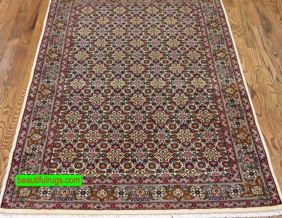 Handmade Persian area rug made of wool, multi color with pastel beige color in the main field and all-over design. Size 3.3x5.