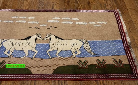 Handmade Persian Shiraz horizontal wall rug with two horses made of wool. Size 5x3.5.