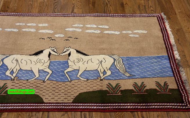 Handmade Persian Shiraz horizontal wall rug with two horses made of wool. Size 5x3.5.